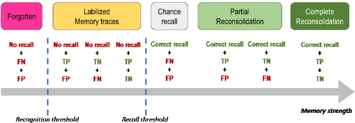 Figure 3.2. The memory strength continuum based on the performance at the cued-recall  and recognition tests on Day 3 for items that were consolidated after the first two days