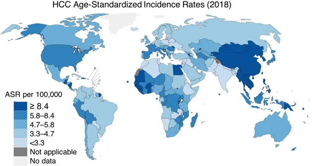 Figure 2.1 Worldwide HCC age-standardized incidence rates in 2018. Reproduced 