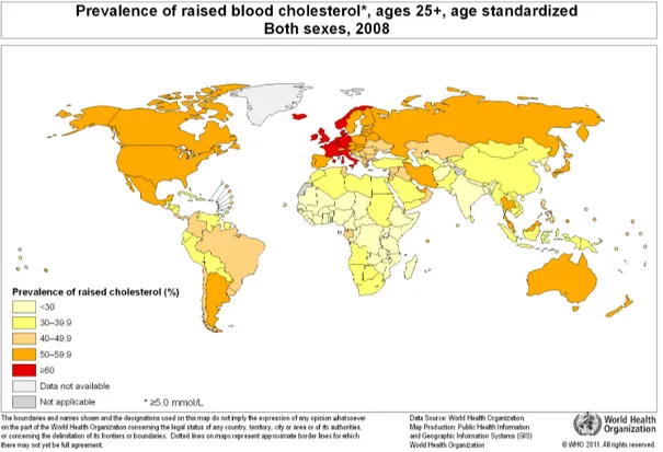 Figure 7. Prevalence of raised cholesterol, age 25+, age standardized for male and female  
