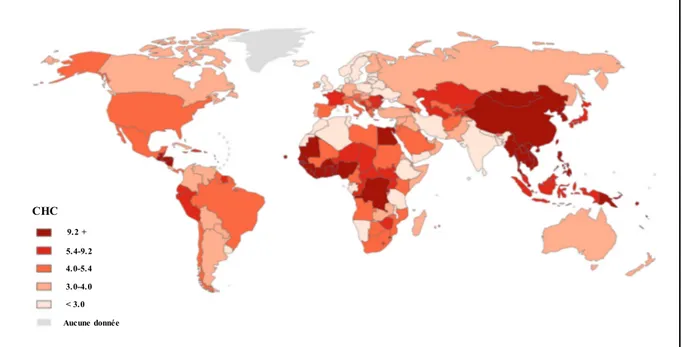 Figure 10.  Taux de mortalité lié au CHC dans le monde. Les fréquences sont  indiquées chez les deux sexes pour 100 000 personnes