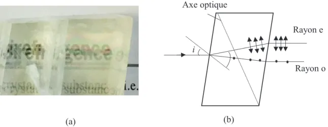 Figure 2.8. La biréfringence : a) la double réfraction d’un cristal de calcite (photo  prise par G