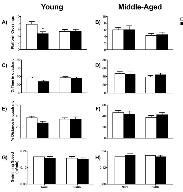 Figure 7 MWM Probes of young and middle-aged mice conducted 2 months post-surgery.  Follow-up testing of young mice now aged 5 months (A, C, E, G) and older mice now aged 8  months  (B,  D,  F,  H)  the  number  of  platform  crossings,  percent  of  time 
