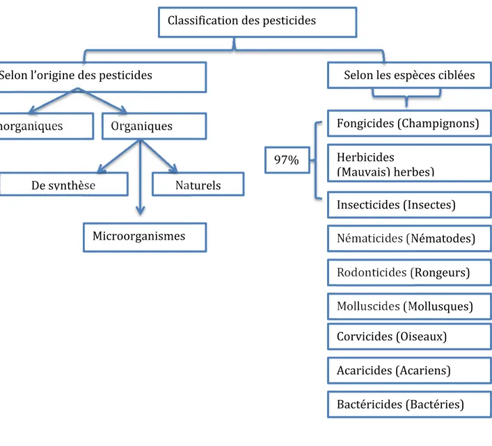 Figure 1.  Classification des pesticides (basé sur (Gouvernement du Québec,  2016) et (E-TIC, 2014)) 