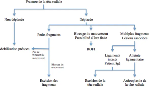 Figure 8 : Résumé des différents traitements suggérés pour une fracture de la tête radiale 