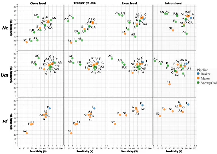 Figure 6:  Specificity vs. sensitivity plots of the major steps of each pipeline at the level of genes, transcripts, exons  and introns for N