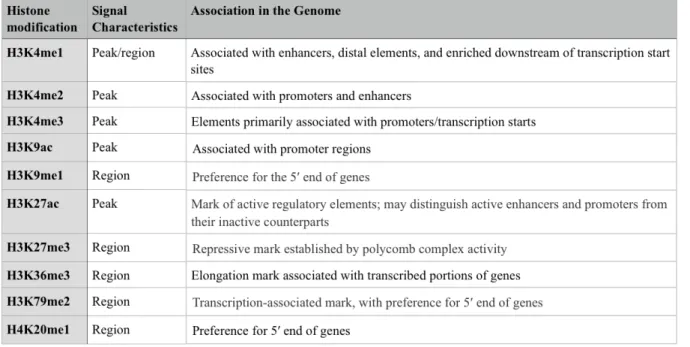 Table 1. Overview of histone modifications and their associated genomic region. The 