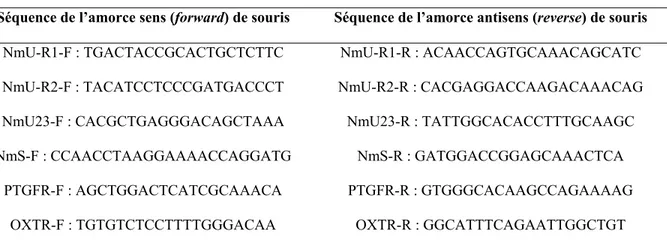 Tableau 2.2. Séquence des amorces utilisées pour la quantification de l’expression génique par  PCR quantitative en temps réel