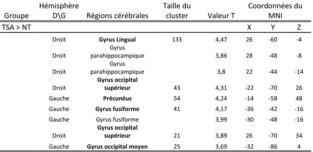 Tableau  3.  Tableau  représentant  les  activations  pour  les  comparaisons  inter-groupes,  pour l’encodage des informations (contraste binding contrôlé – binding automatique)