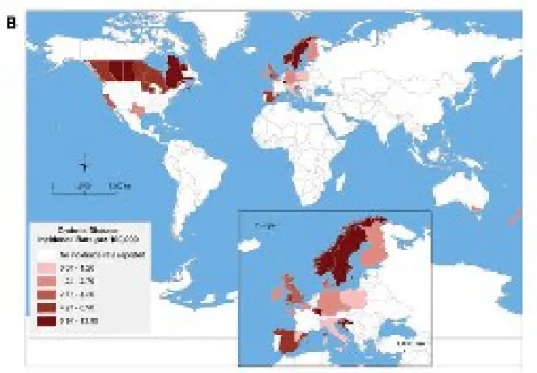 Figure 2: Pediatric CD incidence rate by geographical area, taken from Benchimol et al., 2010  (incidence rates from 1990) 