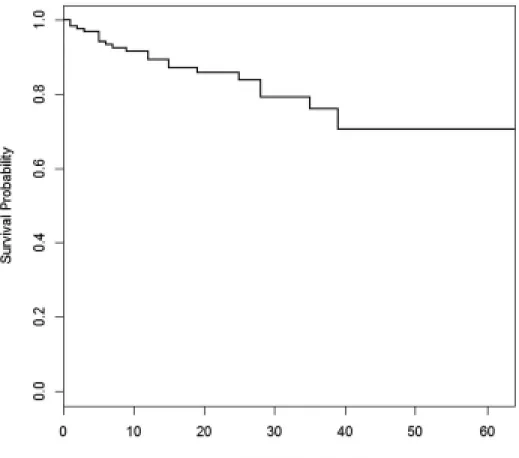 Figure 5 – Courbe de survie Kaplan-Meier représentant le temps entre l’implantation d’une  kératoprothèse  de  Boston  type  I  au  développement  d’une  complication  associée  à  la  fonte  cornéenne