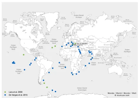 Figure  15.  Distribution  des  diplonemides  dans  les  océans.  D'après  des  échantillons 