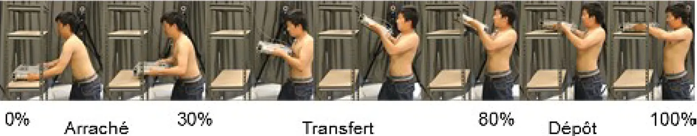 Figure 9 : Représentation de différents instants exprimés en pourcentage et en phases d’un lever d'une  caisse de 12 kg entre les hanches et les épaules