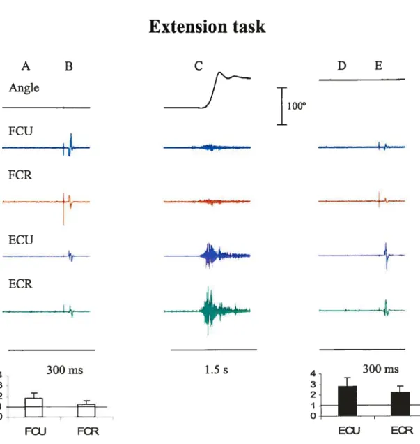 Figure 5. Wrist position (joint angle), EMG activity of wrist flexors (fCR, FCU) and extensor muscles (ECR,ECU) before (A,B) during (C) and after (D,E) a movement ftom flexion to extension (F-’ E)