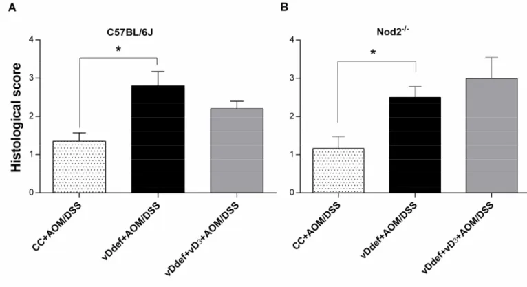 Figure 4. Histological scoring of inflammation severity of colonic sections from distal segments  of (A) C57BL/6J and (B) Nod2 -/-  mice