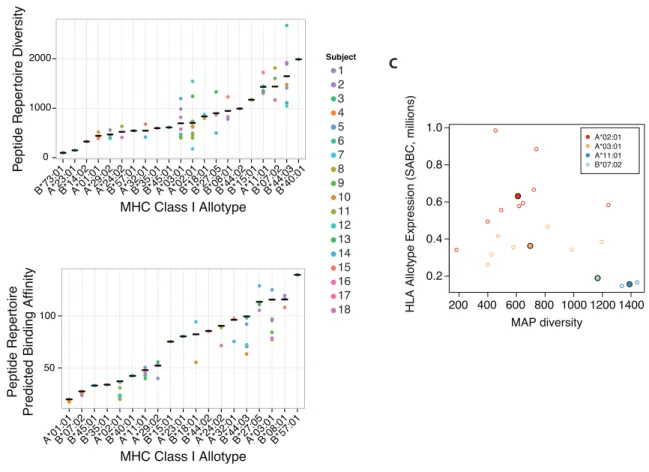 Figure 9.  Binding  affinity,  diversity,  and  expression  of  MHCI  allotypes.  (A)  Peptide repertoire diversity of 21 HLA-A,B allotypes