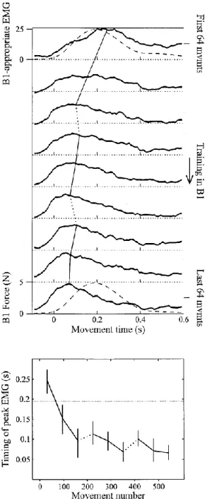 Fig. 9 : L’activité électromyographique (EMG) en réponse à un champ de force. En haut: La courbe noire montre 