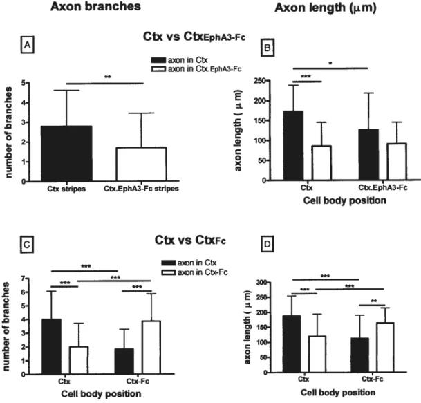 FIGuRE 7. SER0T0NERGIc AXON BRANCHING (NUMBER 0F “AXON BRANCHES” AND “AXON LENGTH”), IN ALTERNATING STRIPES 0F CELL MEMBRANE PREPARED FROM THE NEONATAL CTx, UNTREATED (CTX) OR TREATED WITH EITHER THE FUSION PROTEIN EPHA3-f c (CTxEPHA3-Fc), OR THE CONTROL Fc PROTEIN (CTxFc).