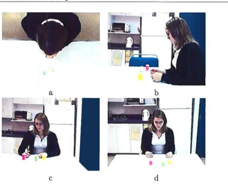 FIG. 3.1 Vues obtenues selon une position de la caméra a) de haut, b) de côté, c) directement de face et d) de face et surélevée.