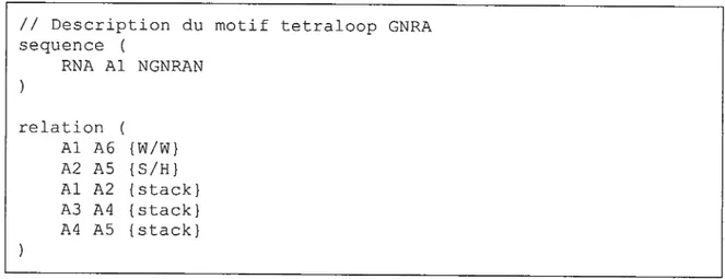 Table 2: Descripteur MC-Search du motif tetraloop GNRA décrit antérieurement Nous pouvons observer de ces lignes de code que le vocabulaire MC-Seai-ch