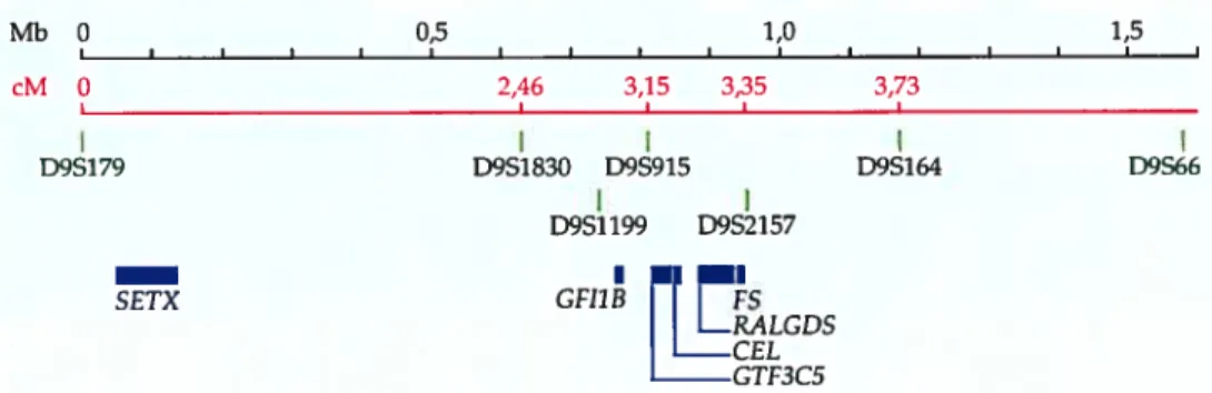 Figure 8: Représentation de la carte physique de la région entre les marqueurs D9S179 et D9S66.