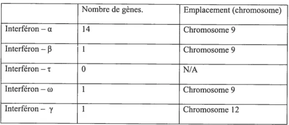 Tableau 1 Interférons humains et les emplacements de leurs gènes.