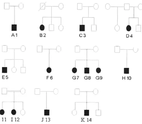 Figure 2: Arbres généalogiques des 11 familles canadienne-françaises recrutées.