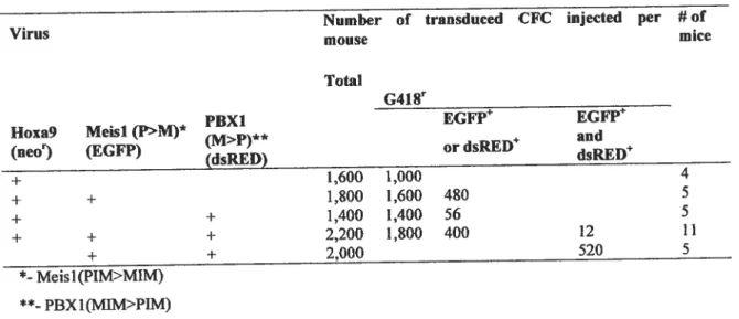Table IL Meisl/PBX1 swapping mutants: transplantation doses of the transduced fetal liver-derived CFCs.