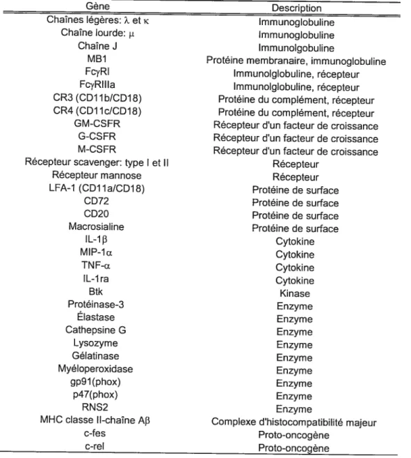 Tableau I. Gènes dont expression est régulée par PU.1.