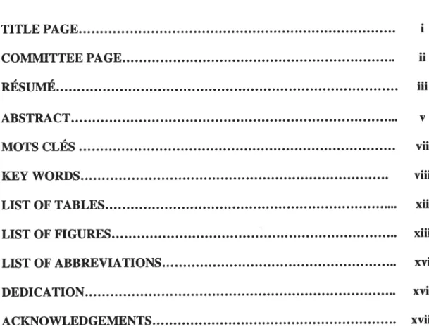 TABLE CONTENTS TITLE PAGE j COMMITTEE PAGE ii RÉSUMÉ ABSTRACT y MOTS CLÉS vil