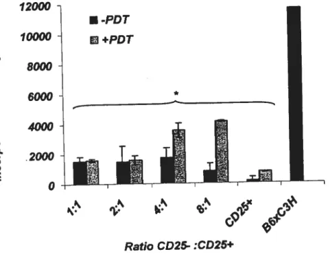 Figure 10. Effet de la PDT sur les cellules T régulatrices (CD4CD25’) de souris B6. Un nombre fixe de cellules effectrices CD4CD25- de souris B6 (1O cellules) et de cellules stimulatrices allogéniques irradiées, de souris C3H, déplétées en cellules T (1O c