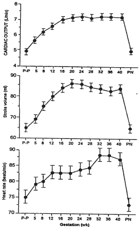 Figure 1. Changes in cardiac output (upper panel), stroke volume (middle panel), and heart rate (Iower panel) throughout pregnancy in human