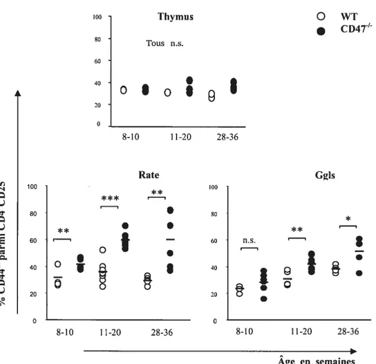 Figure 8. Les pourcentages des CD4CD25CD44” dans le thymus, la rate et les ganglions périphériques des souris CD4T’ en fonction de l’âge.