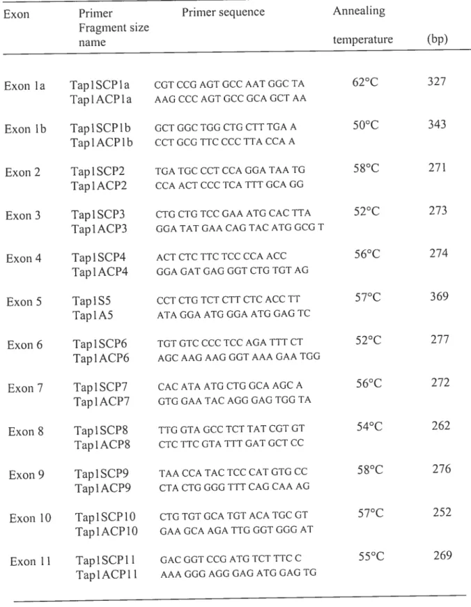 TABLE 1: Primer sequences and annealing temperatures for amplifying TAPi exons for SSCP and DNA sequencing analyses