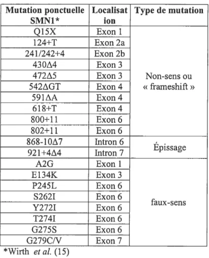 Tableau I : Mutations ponctuelles retrouvées dans le gène SMN1. Mutation ponctuelle Localisat Type de mutation