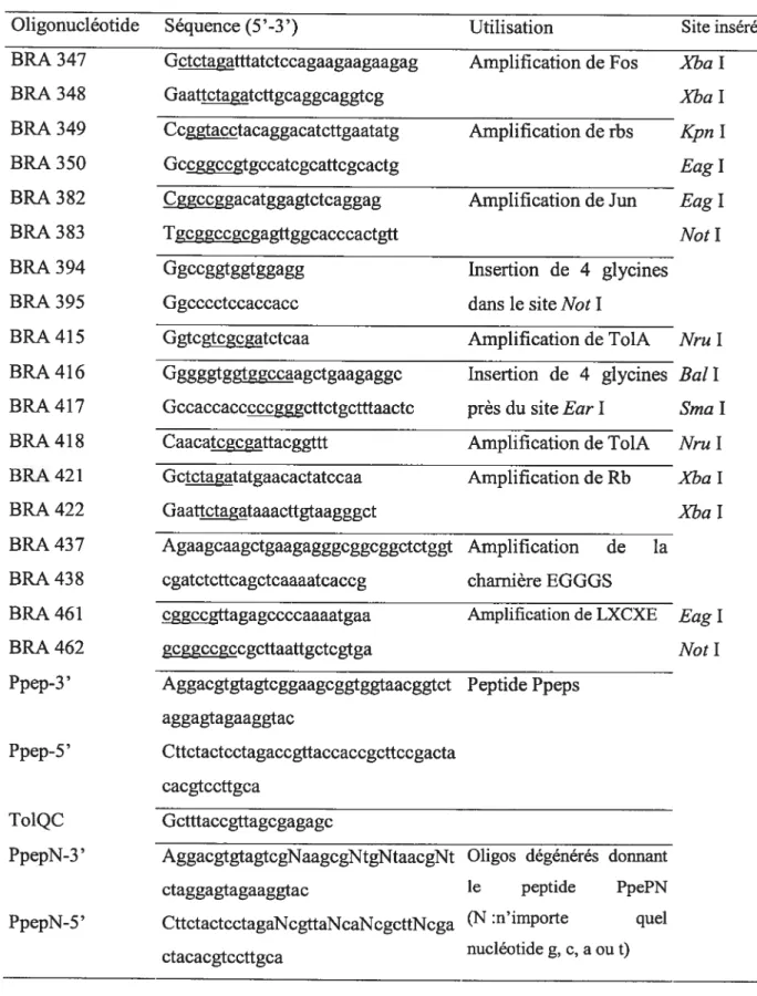 Tableau II: Oligonucléotides utilisés durant ce projet