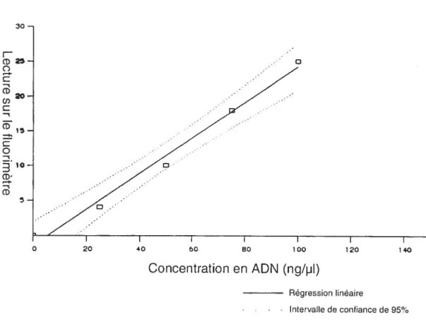 Figure 5 : Courbe standard de lecture de la concentration en ADN, établie à partir de la mesure de concentrations connues en ADN de thymus de veau.