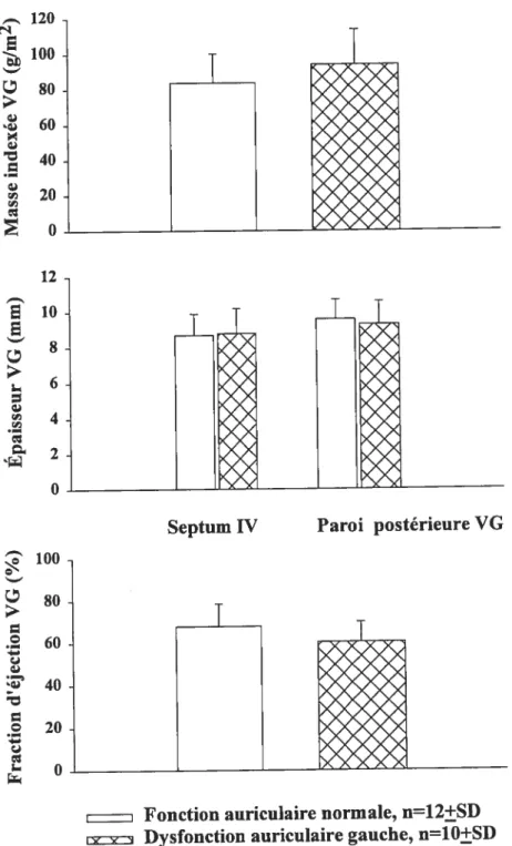 Figure 5. Masse indexée, l’épaisseur télédiastolique du SIV et de la paroi ventriculaire, ainsi que la fraction d’éjection du VG dans deux groupes de patients hypertendus avec FA avec ou sans dysfonction auriculaire gauche