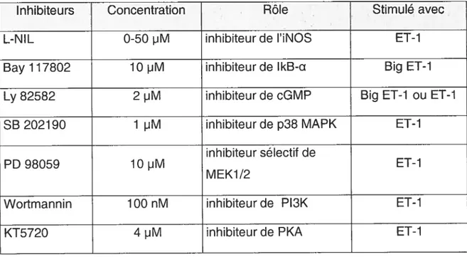 Tableau 4: Inhibiteurs utilisés lors de stimulation pour dosage NO