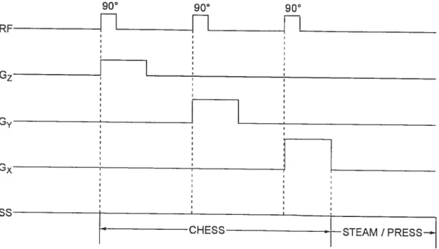 Figure 16. Séquence d’impulsions pour la suppression du signal de l’eau CHESS suivie des séquences d’acquisition STEAM ou PRESS.