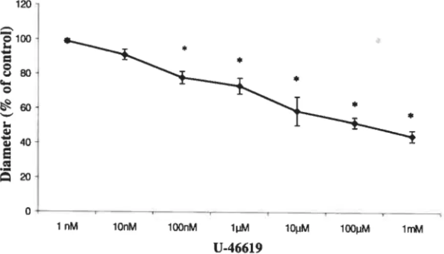 FIGURE 10. Dose-response curve for the effect of U-46619 on retinal vessel diameter. U-