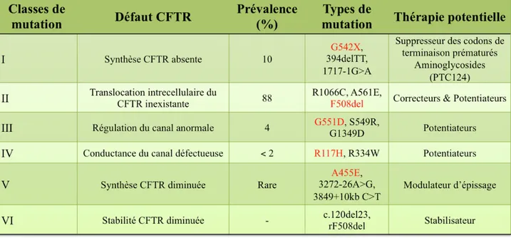 Tableau I. Caractérisation des six classes de mutation du gène de la CFTR (24-26). 