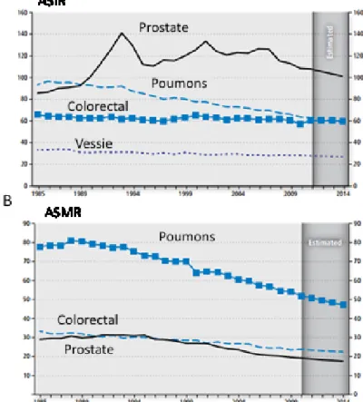 Figure 3. Statistiques sur le cancer au Canada,  2014. A. Taux d’incidence standardisés (ASIR) et  B