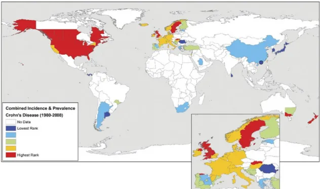 Figure 1.4. Taux d’incidence et/ou de prévalence mondiale de la maladie de Crohn pour les  pays ayant fournies des données