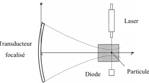 Figure 3-10 Illustration schématique d’une variante de la technique SWEI. L’excitation  se  fait  avec  un  transducteur  focalisé  et  la  détection  du  mouvement  par  un  dispositif  optique