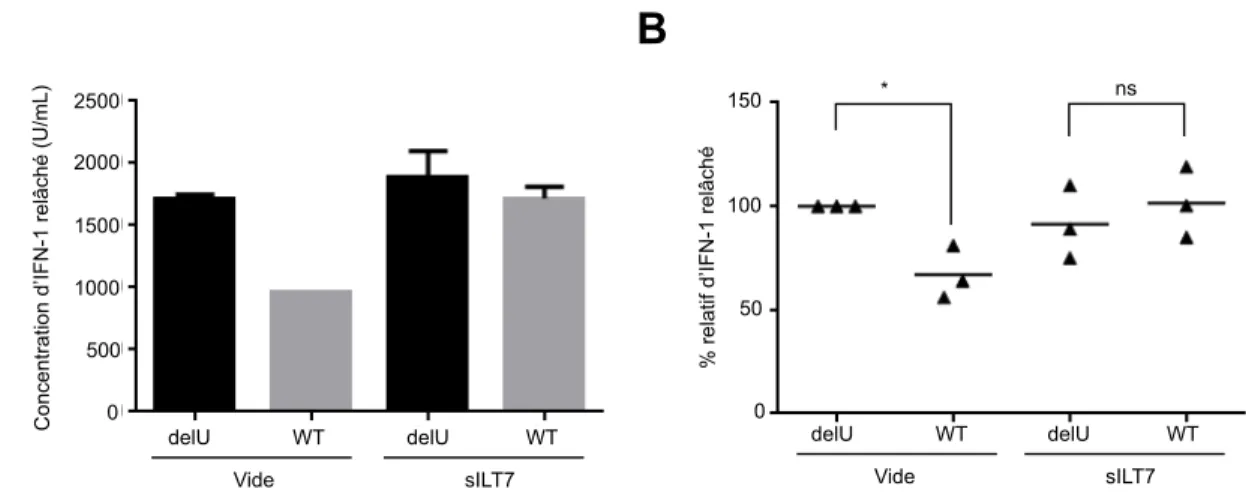 Figure	
  9:	
  L'ajout	
  des	
  protéines	
  sILT7	
  aux	
  co-­‐cultures	
  atténue	
  l'effet	
  immunorégulateur	
  de	
   Vpu.	
   (A)	
   Exemple	
   représentatif	
   des	
   concentrations	
   d'IFN-­‐1	
   recueillies	
   dans	
   les	
   surnageants	
   de	
   cellules	
   MT4	
   infectées	
   avec	
   un	
   virus	
   exprimant	
   Vpu	
   (WT)	
   ou	
   n'exprimant	
   pas	
   Vpu	
   (delU)	
   et	
   préincubées	
   avec	
   des	
   surnageants	
   contenant	
   (sILT7)	
   ou	
   ne	
   contenant	
   pas	
   (Vide)	
   la	
   protéine	
   sILT7,	
   puis	
   cultivées	
   avec	
   les	
   PBMCs	
   d'un	
   donneur	
   en	
   santé	
   pendant	
   18-­‐24	
   heures.	
   (B)	
   Pourcentages	
   relatifs	
   d'IFN-­‐1	
   produits	
   après	
   la	
   co-­‐culture	
   cellules	
   MT4	
   infectées	
   avec	
   un	
   virus	
   WT	
  ou	
  delU	
  et	
  préincubées	
  avec	
  des	
  surnageants	
  contenant	
  (sILT7)	
  ou	
  ne	
  contenant	
  pas	
  (Vide)	
  la	
   protéine	
  sILT7,	
  puis	
  co-­‐cultivées	
  avec	
  les	
  PBMCs	
  de	
  donneurs	
  en	
  santé	
  pendant	
  18-­‐24	
  heures.	
  La	
   quantité	
   d'IFN-­‐1	
   produite	
   dans	
   la	
   condition	
   des	
   cellules	
   MT4	
   infectées	
   avec	
   un	
   virus	
   delU	
   et	
   préincubées	
  avec	
  des	
  surnageants	
  Vide	
  est	
  établie	
  à	
  100%	
  (*p&lt;0.05,	
  n=3,	
  à	
  partir	
  de	
  différents	
   donneurs).	
  Vide,	
  surnageants	
  de	
  culture	
  de	
  48	
  heures	
  transfectées	
  avec	
  un	
  vecteur	
  vide;	
  sILT7,	
   surnageants	
  de	
  culture	
  de	
  48	
  heures	
  transfectées	
  avec	
  un	
  sILT7;	
  WT,	
  virus	
  de	
  type	
  sauvage;	
  delU,	
   virus	
  n'exprimant	
  pas	
  Vpu.	
  