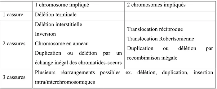 Tableau  1 :  Types  d’anomalies  structurales  des  chromosomes,  adapté  de  Human  Molecular Genetics, 2 nd Edition, 1999