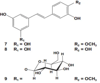 Figure  9:  Structure  of  rhapontigenin  (7),  piceatannol  (8),  rhaponticin  (9)  identified in Larix laricina (Shang et al., 2012)