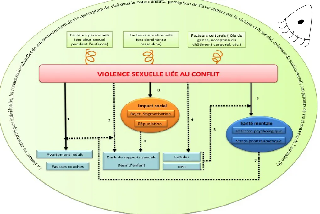 Figure 1 : Cadre conceptuel de l’étude incluant les effets de la violence sexuelle sur la santé ainsi que l’impact social