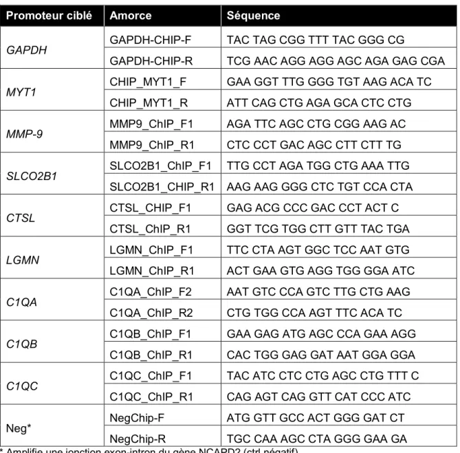 Tableau V. Séquences des amorces utilisées pour le PCR en temps réel (ChIP) 