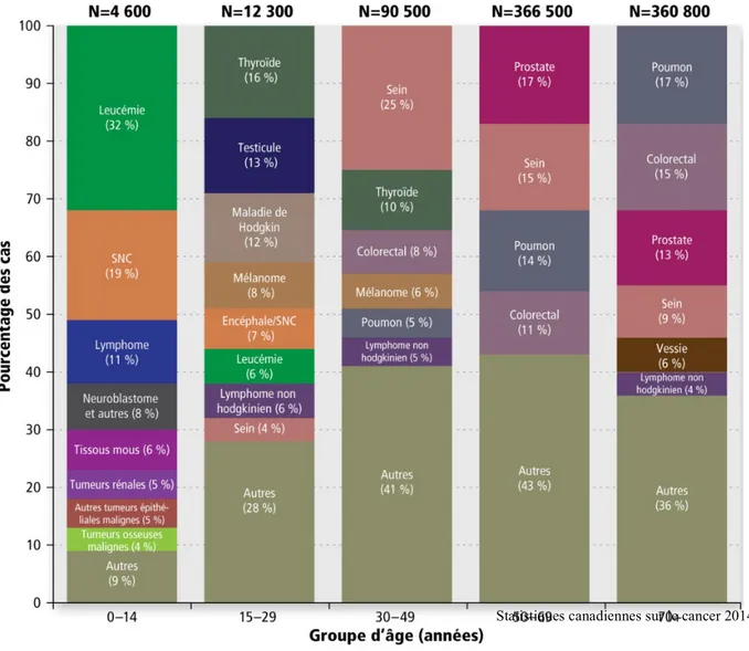 Figure  2.  Distribution  des  nouveaux  cas  de  certains  cancers  selon  le  groupe  d’âge,  Canada,  2006  à  2010[2]